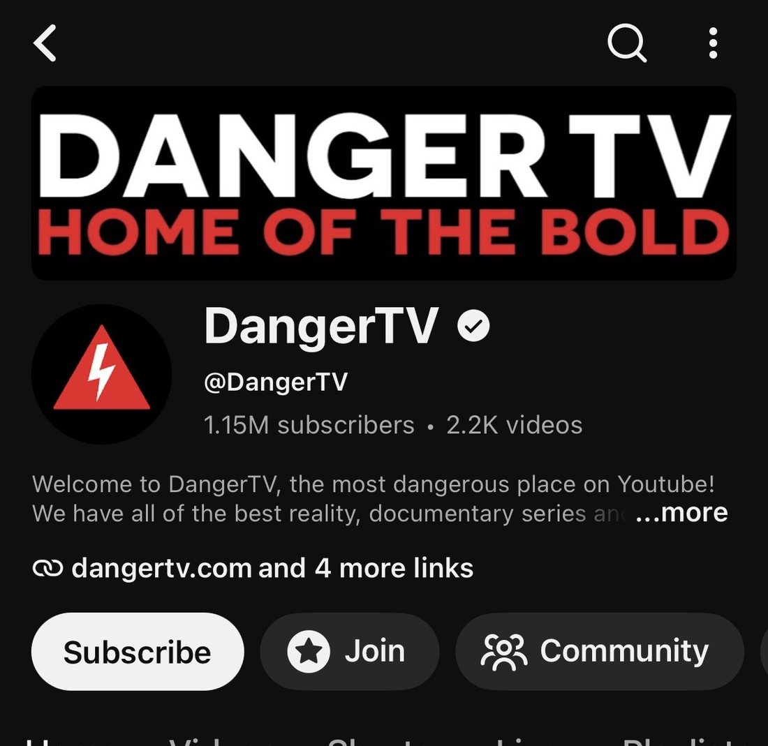 DangerTV YouTube channel profile showing 1.15M subscribers and 2.2K videos