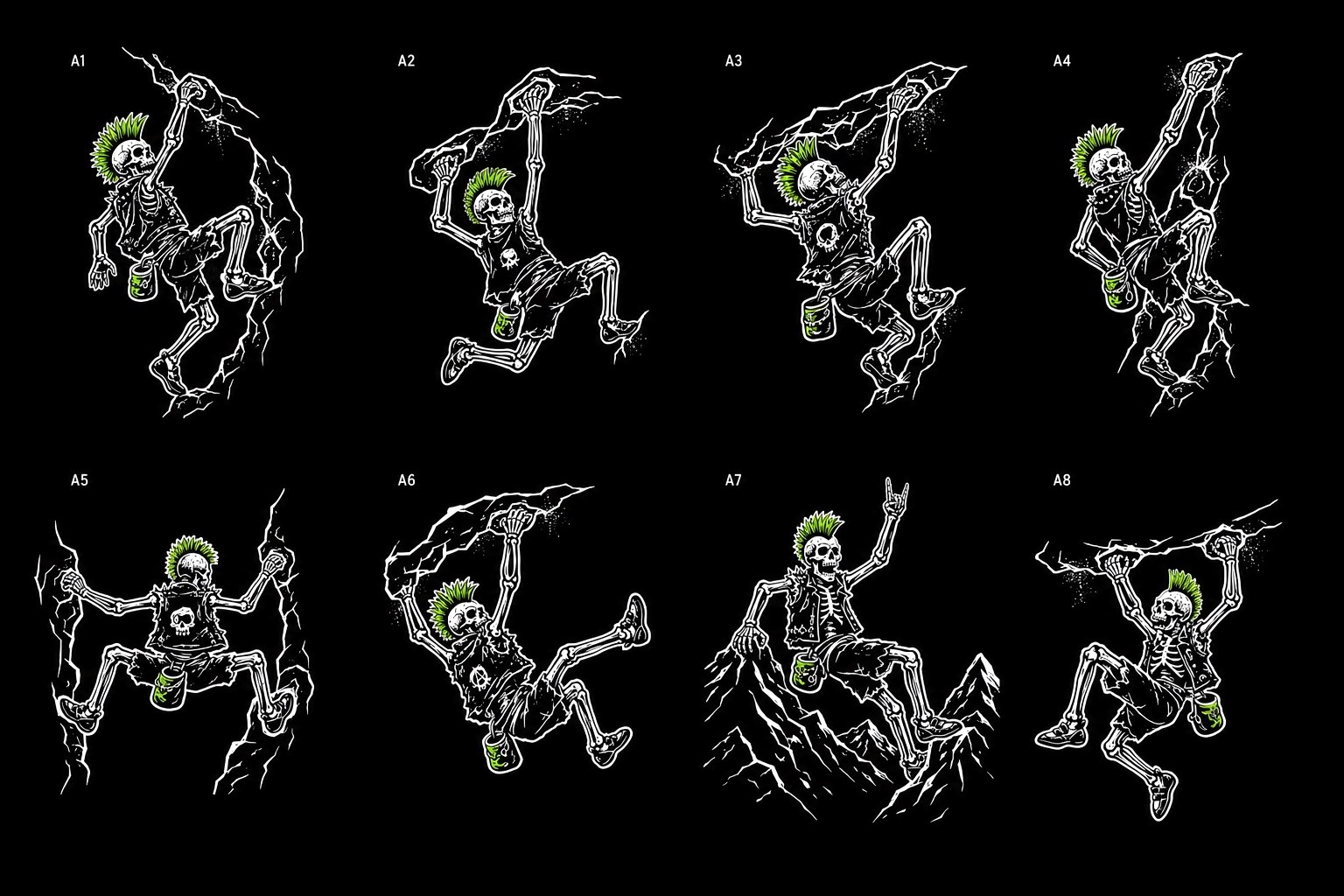 Death Grip Chalk Co skeleton climber illustration variations