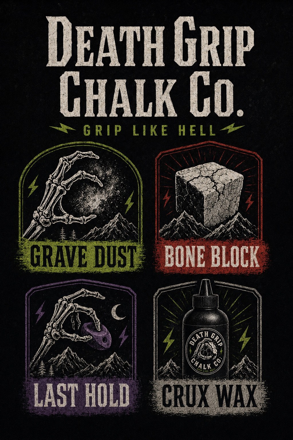 Death Grip Chalk Co product name poster with Grave Dust, Bone Block, Last Hold, and Crux Wax
