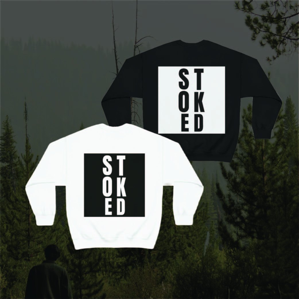Stoked apparel mockup on sweatshirts